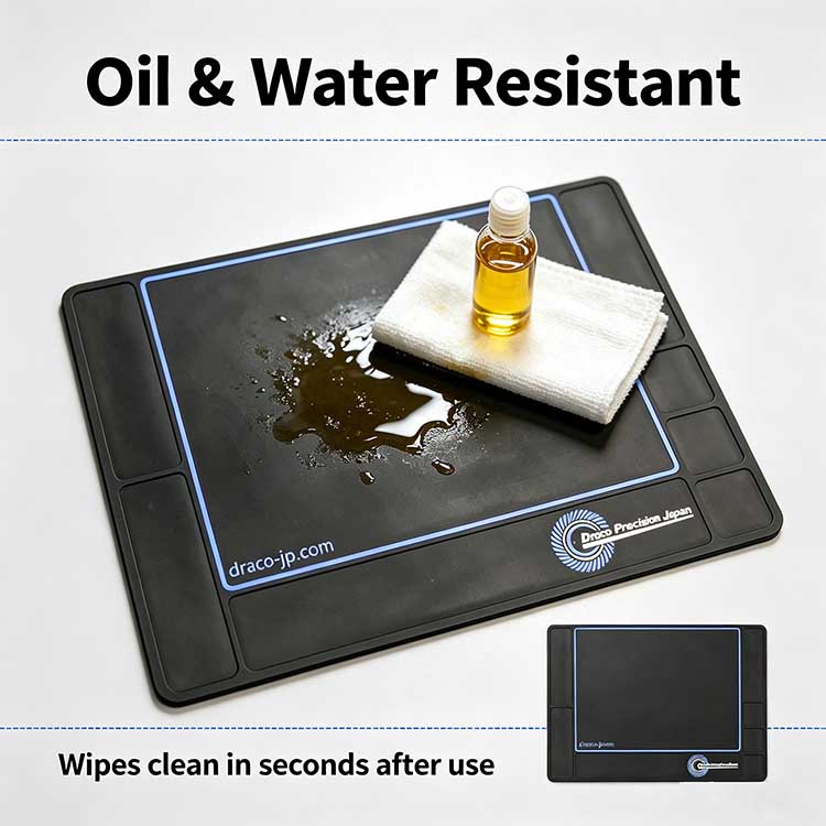 Oil resistant RC workbench mat with easy-wipe rubber surface.