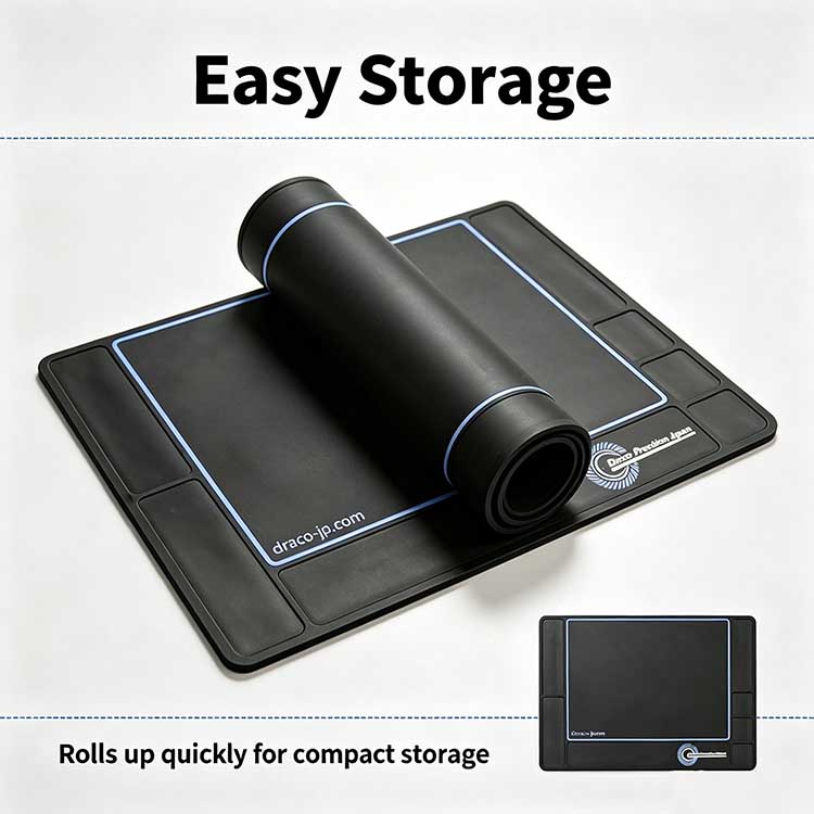 Portable roll-up RC workbench mat for compact storage.