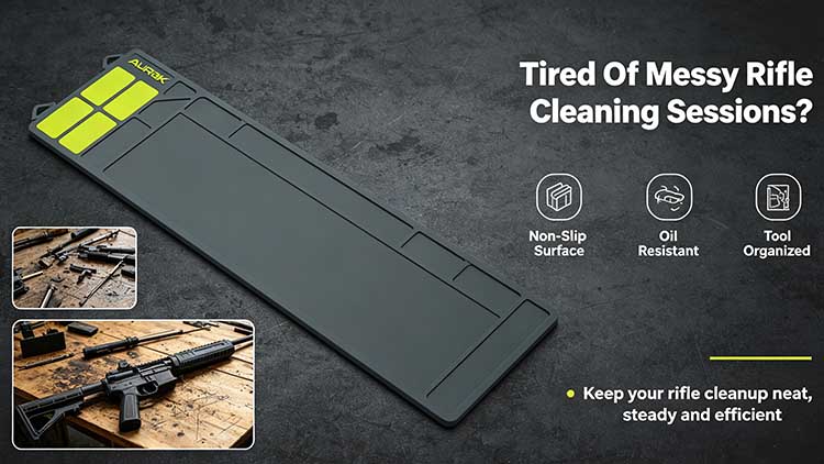 Heavy-duty non-slip rifle cleaning mat with 4 yellow organizer slots.
