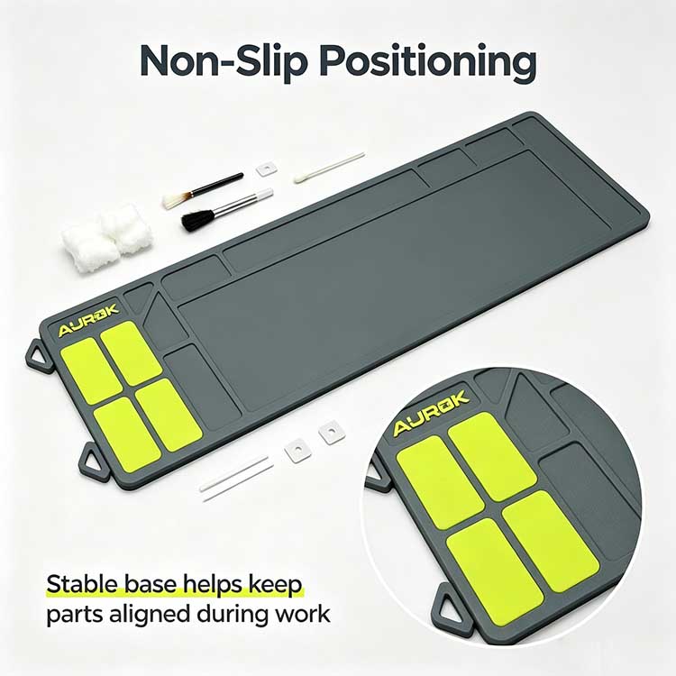 Rifle cleaning mat with 4 yellow organizer slots for sorting springs and pins.