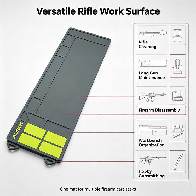 Versatile rifle cleaning mat for long gun maintenance and firearm disassembly.