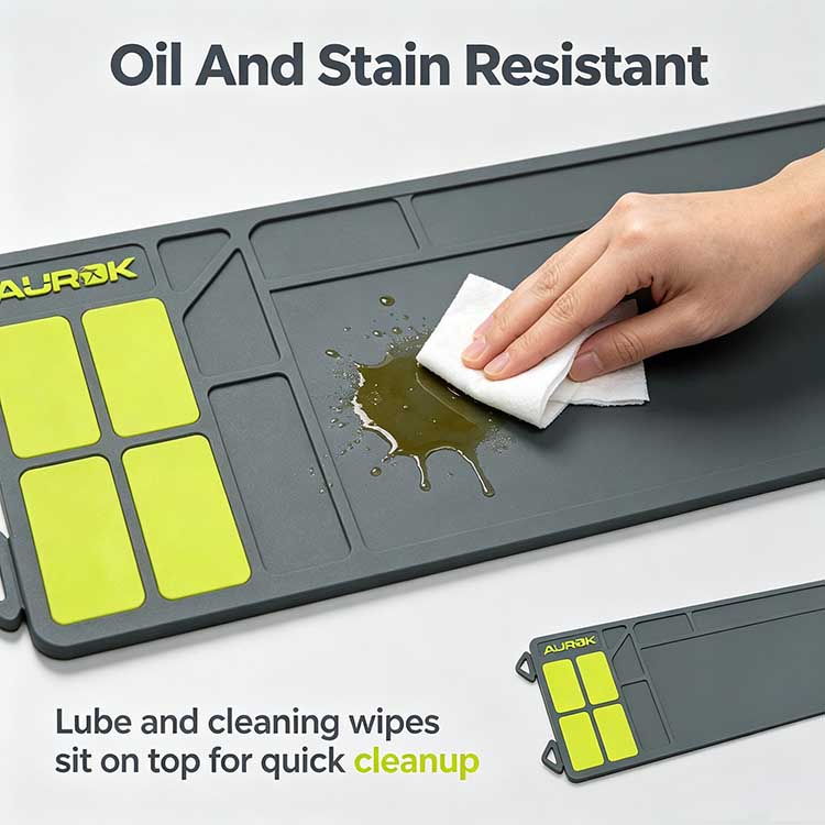Oil and stain-resistant rifle cleaning mat repelling gun lubricants and solvents.