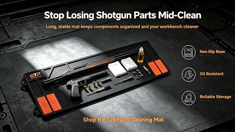 Heavy-duty rubber shotgun cleaning mat with non-slip base and parts trays for long gun maintenance.