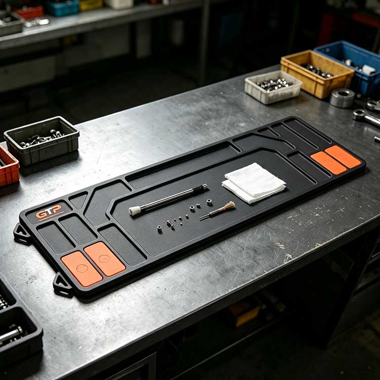 Heavy-duty rubber shotgun cleaning mat for long-term use.