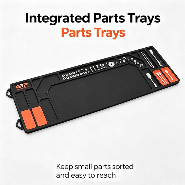 Magnetic parts trays on shotgun cleaning mat holding screws and springs securely.