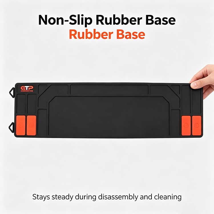 Non-slip rubber base on shotgun cleaning mat.