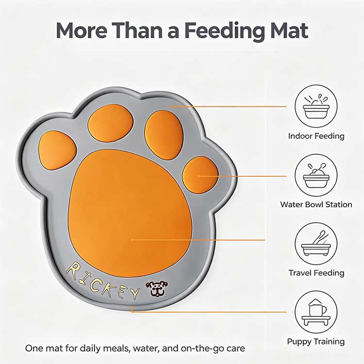 Versatile silicone dog mat for indoor feeding, travel, and puppy training.