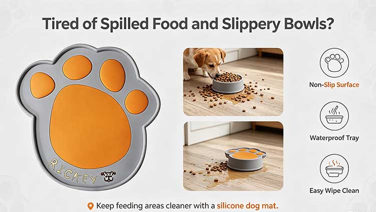Non-slip waterproof silicone dog mat with a colorful paw print and raised rim