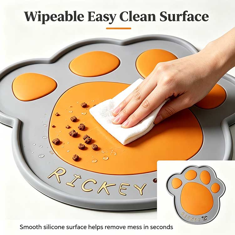Wipeable silicone dog mat surface easily removing food mess.