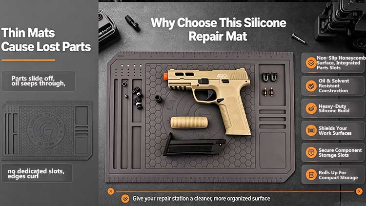 Comparison chart showing the advantages of a heavy-duty silicone repair mat over thin rubber ones.