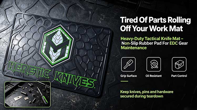 Heavy-duty rubber tactical knife mat with non-slip snake skin texture for EDC gear maintenance.
