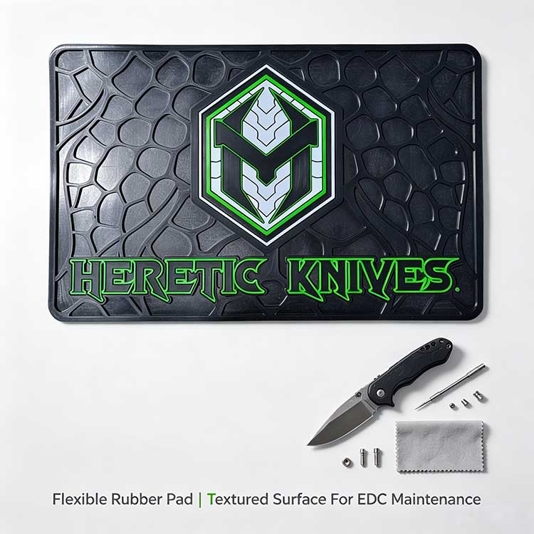 Heavy-duty rubber tactical knife mat for rugged outdoor EDC gear maintenance.