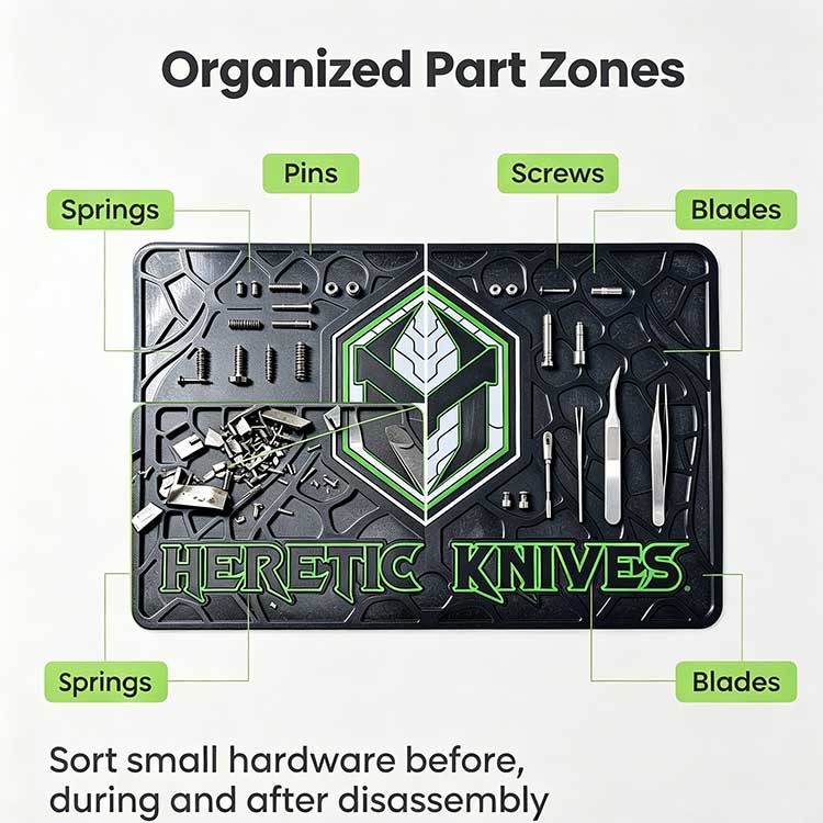 Segmented rubber tactical knife mat for organizing pins screws and blades.