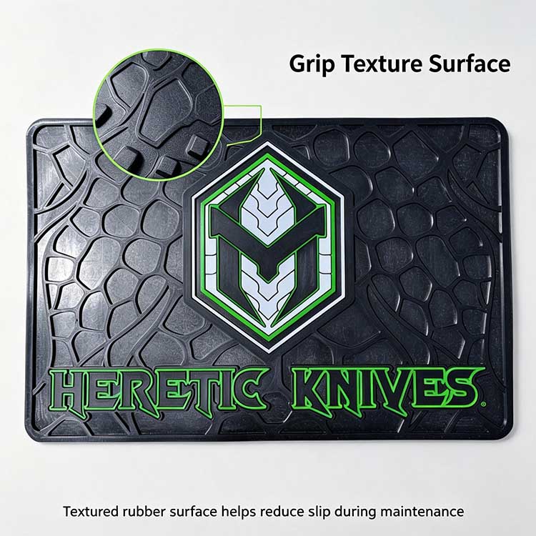 Non-slip snake skin texture on rubber tactical knife mat for EDC gear grip.