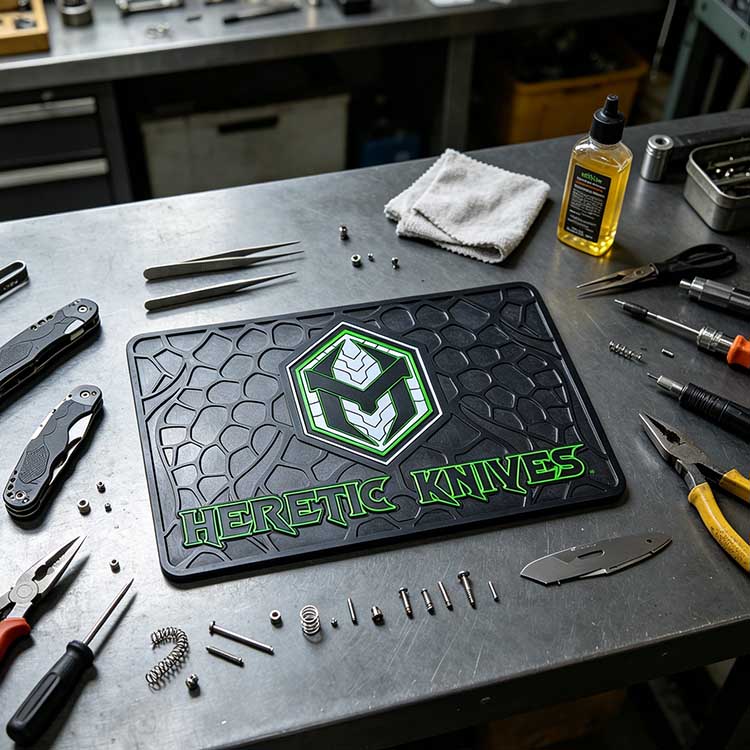 Tactical aesthetic rubber knife mat with snake skin and green logo for EDC workshops.