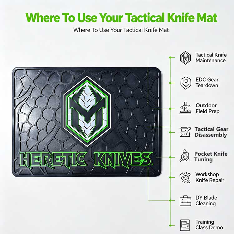 Multi-scenario tactical knife mat for EDC gear teardown and outdoor field prep.