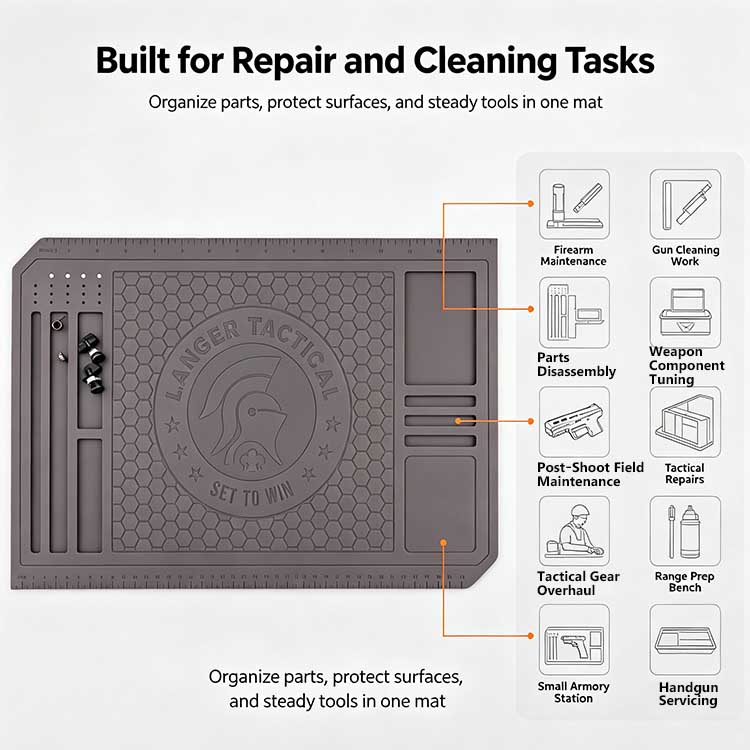 Multi-scenario silicone repair mat for law enforcement armories and gunsmithing workshops.