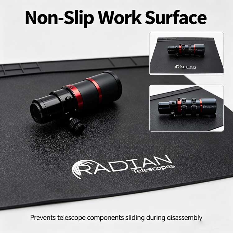 Heavy-duty non-slip rubber repair mat keeping telescope components firmly in place.