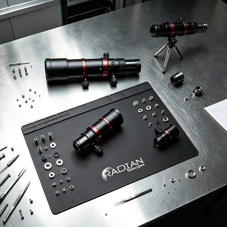 Expansive central workspace on repair mat for telescope optical tube assembly repairs.