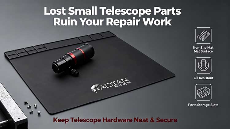 Protective rubber repair mat for telescopes preventing small hardware from rolling off the bench