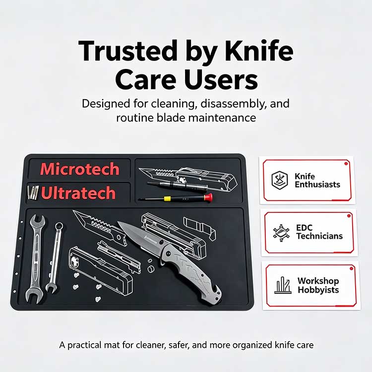 Knife cleaning mat trusted by EDC enthusiasts knife makers and technicians.