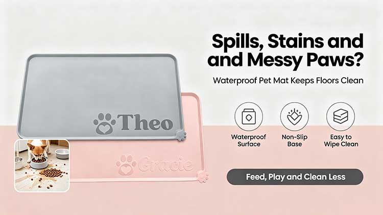 Waterproof pet mat with non-slip base and raised edges for floor protection.