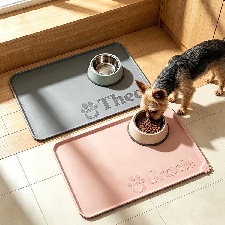 Waterproof pet mat with personalized name embossing available in grey and pink colors for home decor.