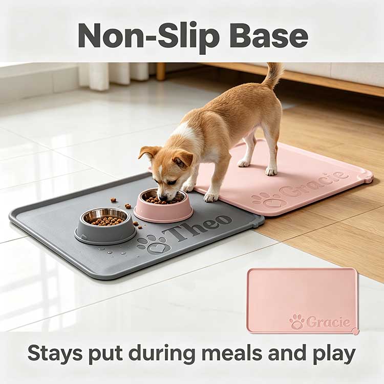 Non-slip grip on waterproof pet mat keeping bowls steady.