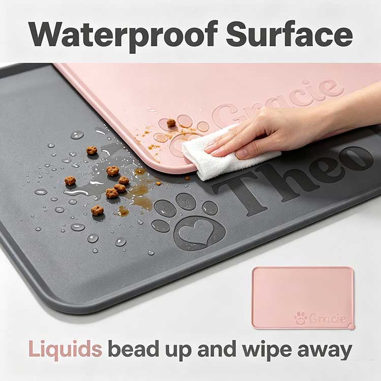 Waterproof rubber pet mat repelling water and wiping clean.