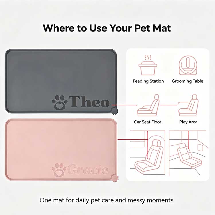 Multi-scenario waterproof pet mat for feeding and grooming.
