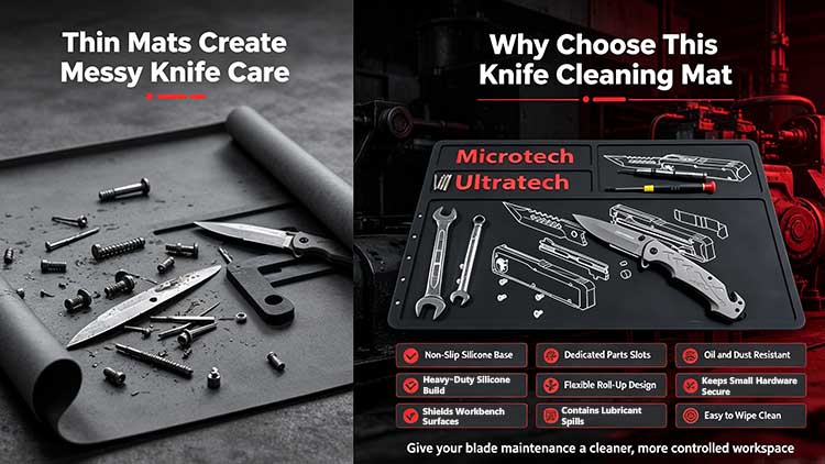Comparison of thin EVA mat versus heavy-duty silicone knife cleaning mat.