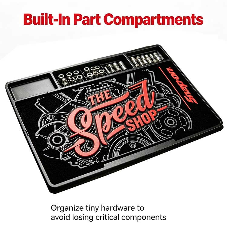 5 built-in part compartments on a rubber work mat sorting bolts and sockets