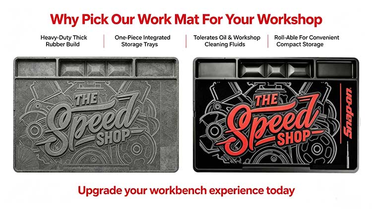 Comparison of heavy-duty Speed Shop work mat versus cheap thin pads