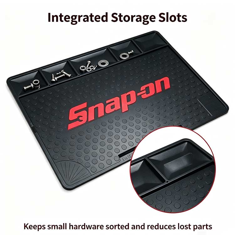 Work mat with 5 integrated storage slots for sorting nuts and screws