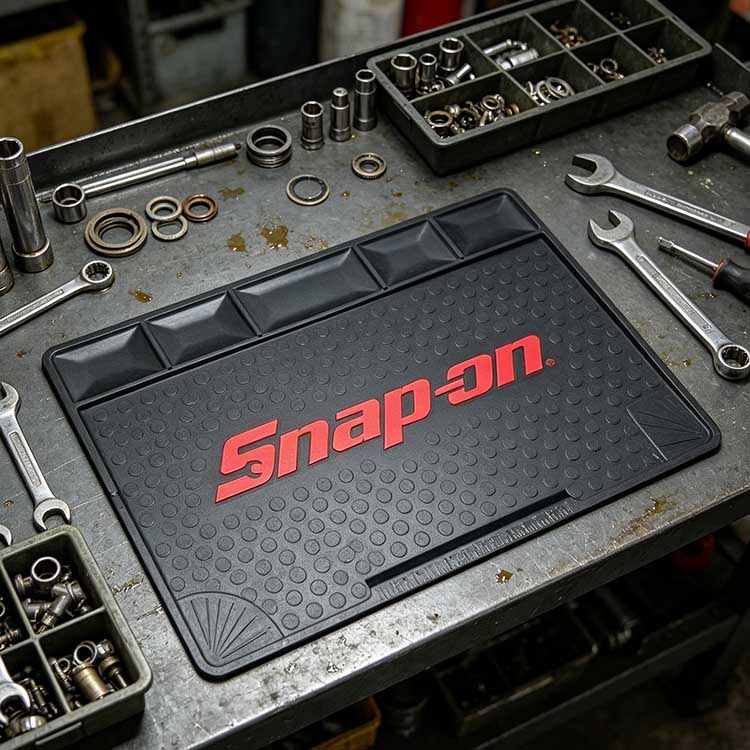 Heavy-duty non-slip work mat with 5 storage slots used in a professional mechanic workshop