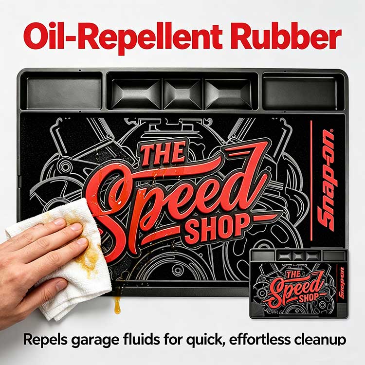 Oil-repellent rubber work mat repelling motor oil and garage fluids