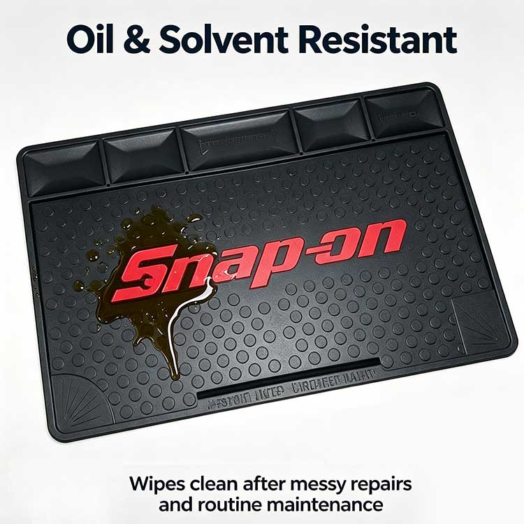 Oil and solvent-resistant rubber work mat repelling grease and workshop fluids