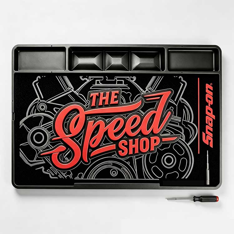 Work mat with an embossed engine graphic and Speed Shop logo
