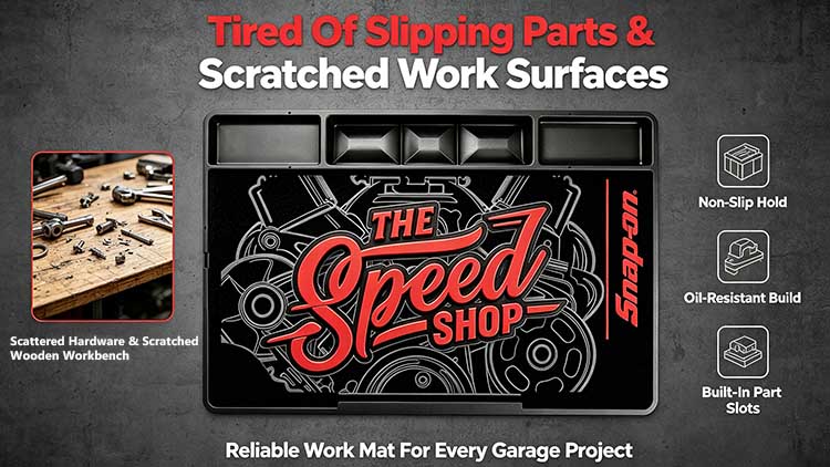 Heavy-duty non-slip work mat with built-in part compartments for automotive garages