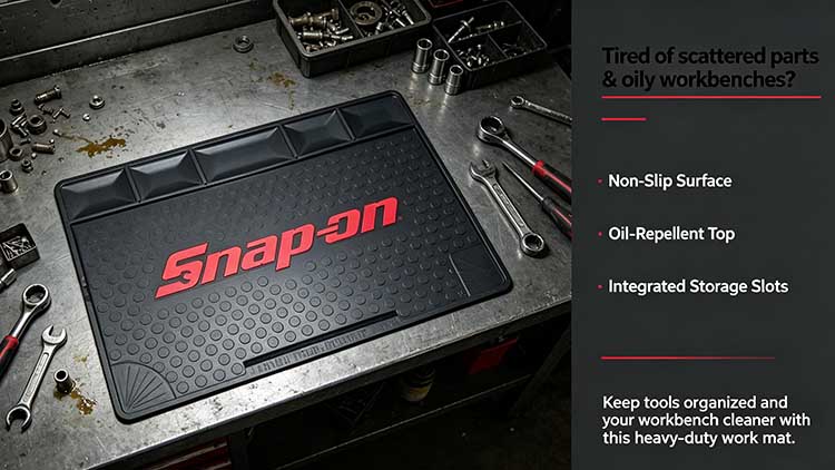 Heavy-duty non-slip work mat with storage slots for garage mechanic tools