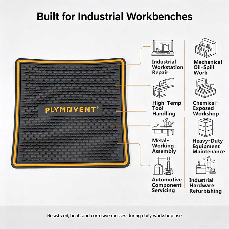 Silicone workbench mat used for automotive and heavy industrial workbench repair in garage.