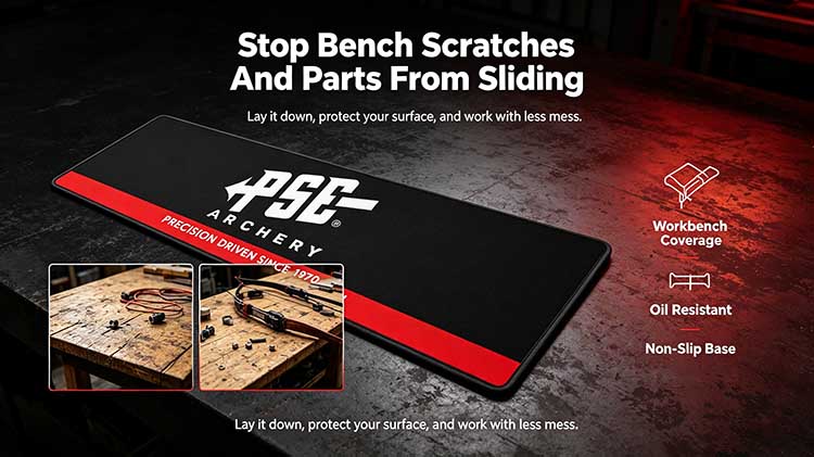 Commercial grade 6mm archery bench mat with red border protecting a wooden workbench from scratches and oil.
