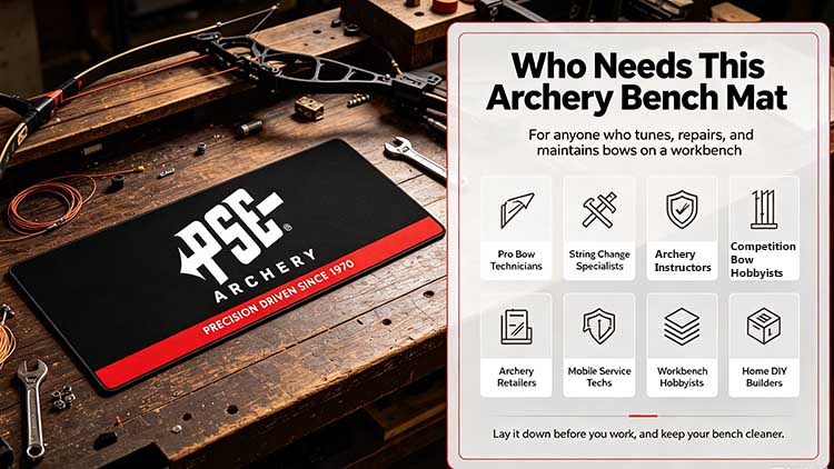 Archery bench mat target audience showing pro bow technicians, archery retailers, and competition hobbyists.