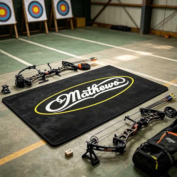 Rubber archery range mat placed on indoor shooting lane with targets and compound bows.