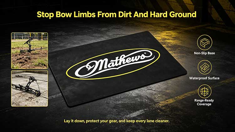 Heavy-duty rubber archery range mat protecting bow limbs and equipment from dirt and hard ground on shooting lanes.