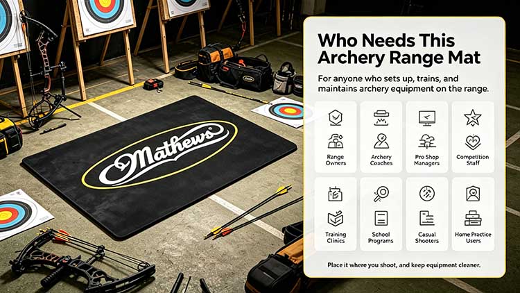Archery range mat user categories including range owners, archery coaches, pro shop managers, and competition staff.