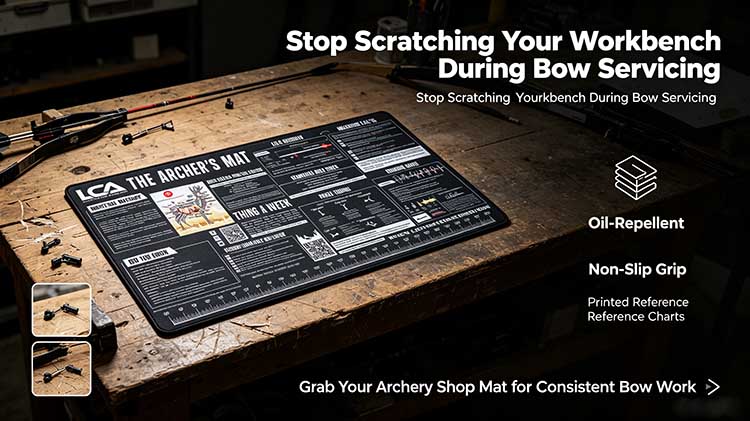 Commercial-grade archery shop mat with heavy-duty rubber surface and printed reference charts for pro shops.