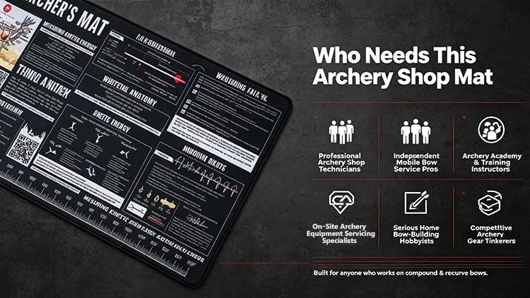 Archery shop mat for technicians, instructors, and mobile pros.