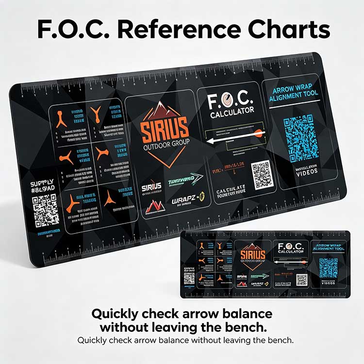 Arrow tuning mat with precision F.O.C. calculator for arrow balance.