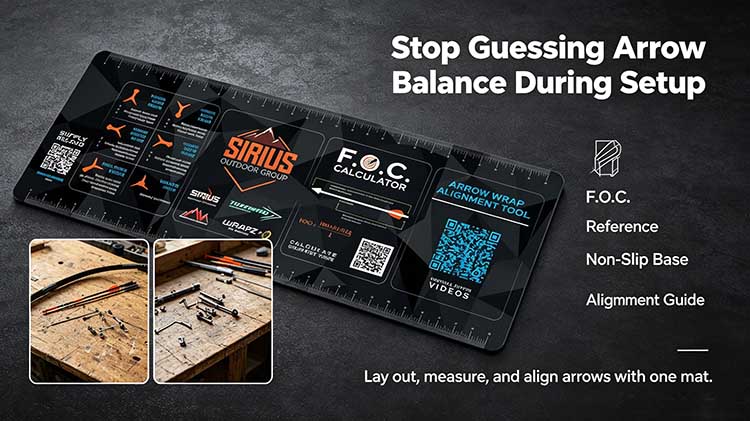 Precision arrow tuning mat with F.O.C. calculator and arrow alignment guide.